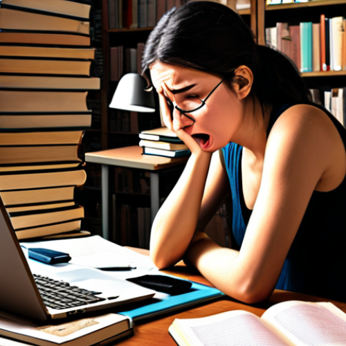 Home 19 **
A student looking overwhelmed and stressed, sitting at a desk covered in textbooks and notes. The student is surrounded by piles of books and there is a laptop with a blinking cursor. The overall scene suggests academic pressure and writer's block. Use a desaturated color palette to emphasize the feeling of anxiety. The style should be slightly painterly, reminiscent of a stressed-out artist.
**