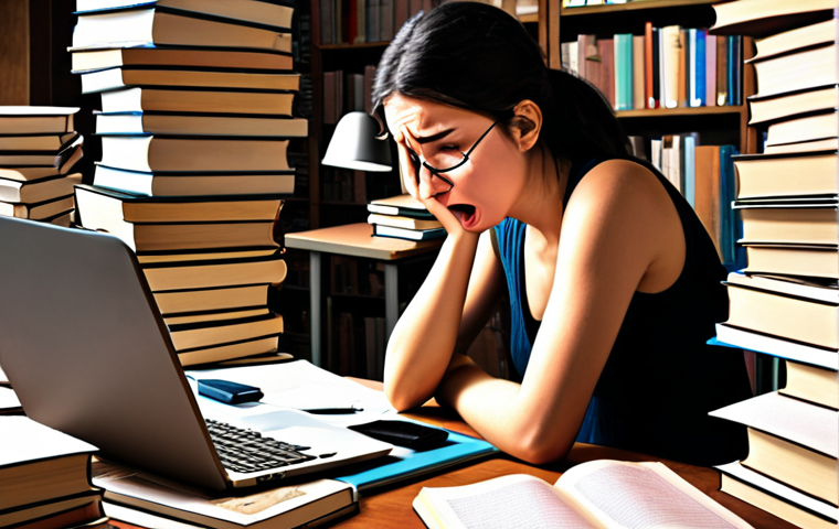 **
A student looking overwhelmed and stressed, sitting at a desk covered in textbooks and notes. The student is surrounded by piles of books and there is a laptop with a blinking cursor. The overall scene suggests academic pressure and writer's block. Use a desaturated color palette to emphasize the feeling of anxiety. The style should be slightly painterly, reminiscent of a stressed-out artist.
**