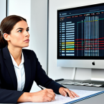 A focused professional woman in a modest business suit, sitting attentively at a sleek, modern office desk, engaging in a professional job interview. A subtle, abstract graphic representing railway lines or a train schedule is visible on a large monitor in the background, conveying a sense of preparation and confidence. The scene emphasizes intelligent communication and a forward-thinking attitude. fully clothed, appropriate attire, safe for work, perfect anatomy, correct proportions, natural pose, well-formed hands, proper finger count, natural body proportions, professional photography, high quality, family-friendly.