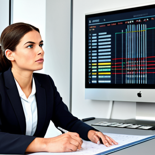 Home 8 A focused professional woman in a modest business suit, sitting attentively at a sleek, modern office desk, engaging in a professional job interview. A subtle, abstract graphic representing railway lines or a train schedule is visible on a large monitor in the background, conveying a sense of preparation and confidence. The scene emphasizes intelligent communication and a forward-thinking attitude. fully clothed, appropriate attire, safe for work, perfect anatomy, correct proportions, natural pose, well-formed hands, proper finger count, natural body proportions, professional photography, high quality, family-friendly.