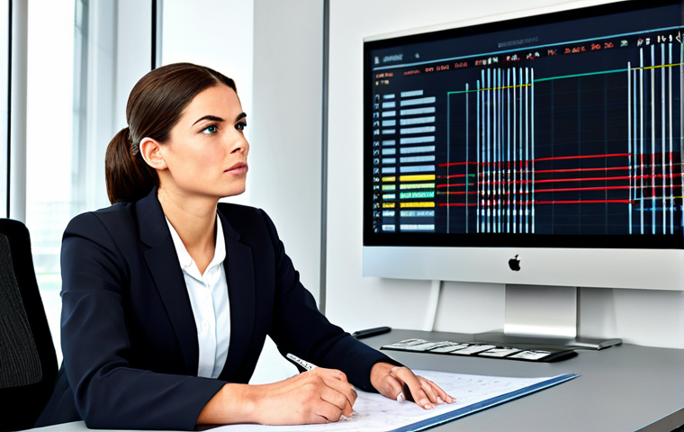 A focused professional woman in a modest business suit, sitting attentively at a sleek, modern office desk, engaging in a professional job interview. A subtle, abstract graphic representing railway lines or a train schedule is visible on a large monitor in the background, conveying a sense of preparation and confidence. The scene emphasizes intelligent communication and a forward-thinking attitude. fully clothed, appropriate attire, safe for work, perfect anatomy, correct proportions, natural pose, well-formed hands, proper finger count, natural body proportions, professional photography, high quality, family-friendly.