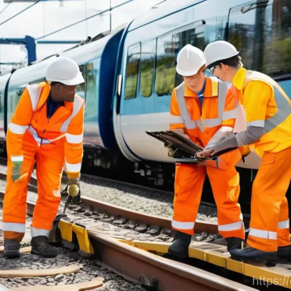 철도 전문가로 성장하는 법 - **Prompt:** "A group of young, diverse railway apprentices, both male and female, diligently working...