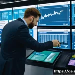 Home 22 철도 유지보수 데이터 관리 - A high-tech railway maintenance control room in Germany, featuring large digital screens displaying ...