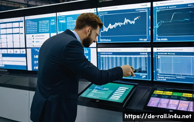 철도 유지보수 데이터 관리 - A high-tech railway maintenance control room in Germany, featuring large digital screens displaying ...