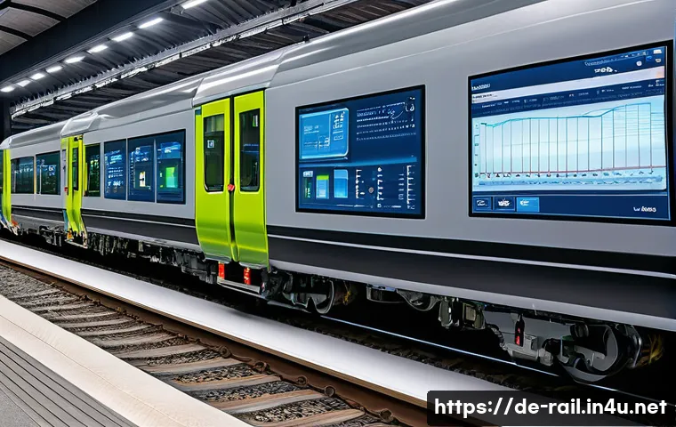 철도 시스템 유지보수 기술 - A high-tech railway maintenance scene showing a modern sensor-equipped train axle and track section ...