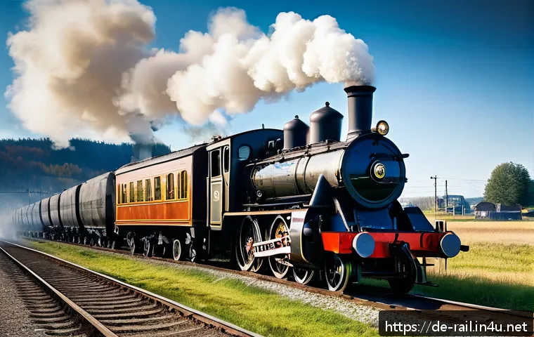 철도 역사와 발전 과정 - A detailed scene of a vintage German steam locomotive from the 19th century, traveling through an in...