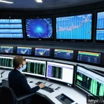Home 18 철도 차량 고장 진단 사례 - A modern high-speed train maintenance control room in Germany, featuring large digital dashboards di...