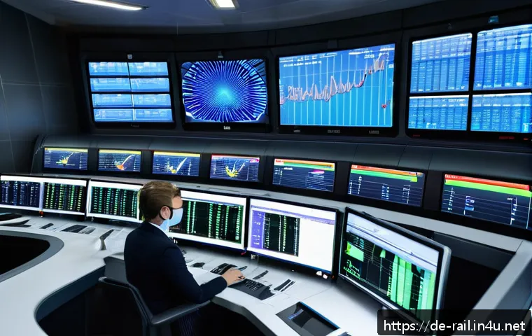철도 차량 고장 진단 사례 - A modern high-speed train maintenance control room in Germany, featuring large digital dashboards di...