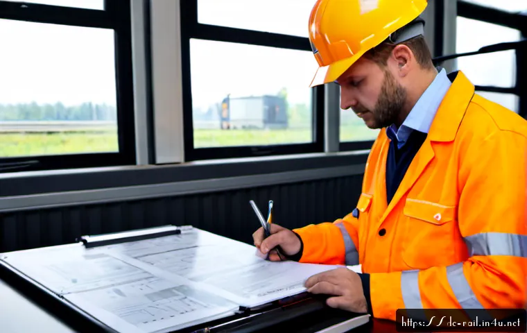 Home 17 철도 유지보수 매뉴얼 제작법 - Photorealistic German railway maintenance engineer in high-visibility orange workwear and hard hat, ...